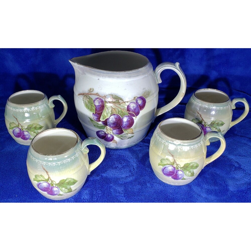 Antique Limoges China Hand Painted Plum Cider Pitcher and Set of 4 Cups/Mugs